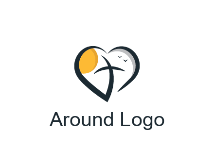 line art heart with palm tree and sun travel logo