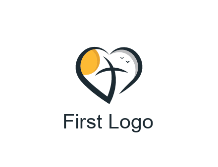 line art heart with palm tree and sun travel logo