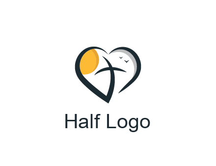 line art heart with palm tree and sun travel logo