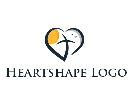 line art heart with palm tree and sun travel logo