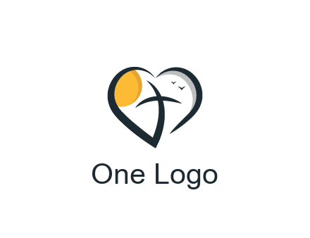 line art heart with palm tree and sun travel logo