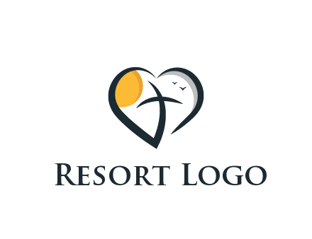 line art heart with palm tree and sun travel logo