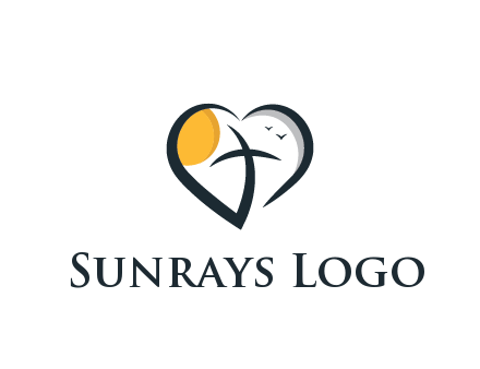 line art heart with palm tree and sun travel logo