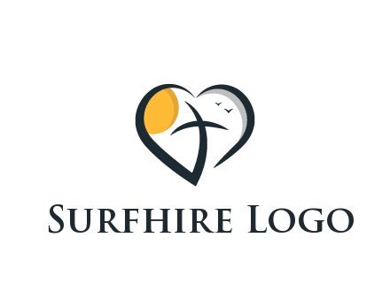 line art heart with palm tree and sun travel logo