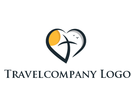 line art heart with palm tree and sun travel logo