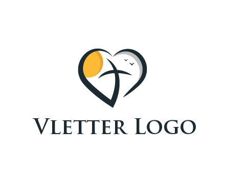 line art heart with palm tree and sun travel logo