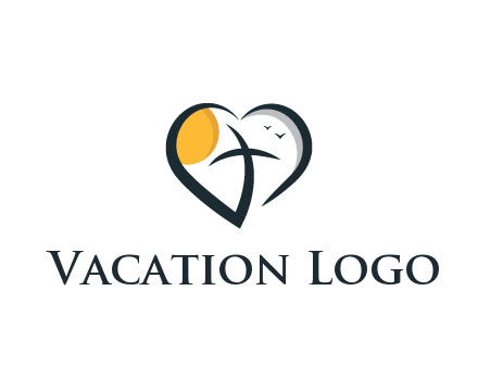 line art heart with palm tree and sun travel logo