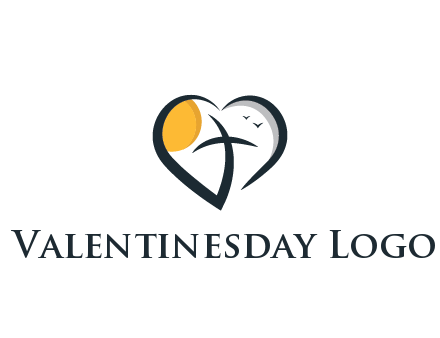 line art heart with palm tree and sun travel logo
