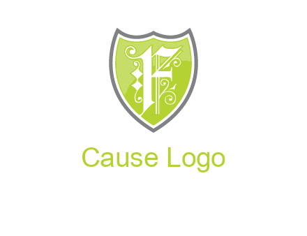 calligraphic letter f inside the shield logo