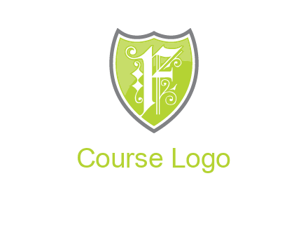 calligraphic letter f inside the shield logo
