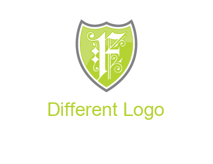 calligraphic letter f inside the shield logo