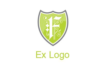 calligraphic letter f inside the shield logo