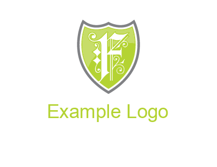calligraphic letter f inside the shield logo