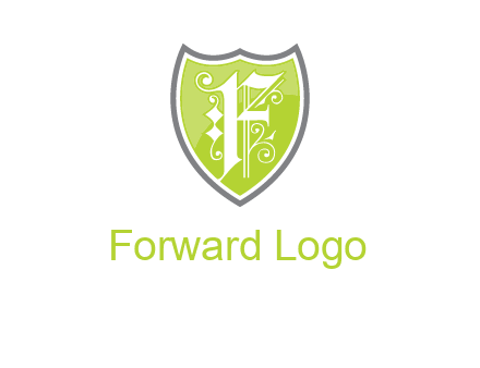 calligraphic letter f inside the shield logo