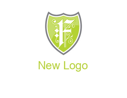calligraphic letter f inside the shield logo