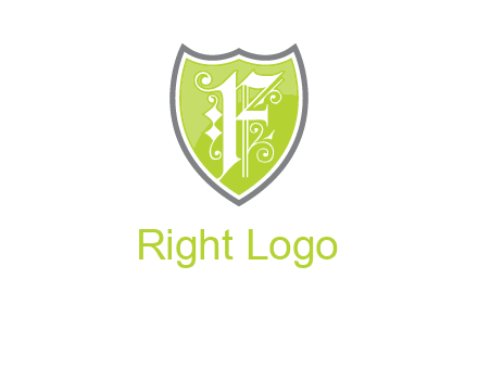 calligraphic letter f inside the shield logo
