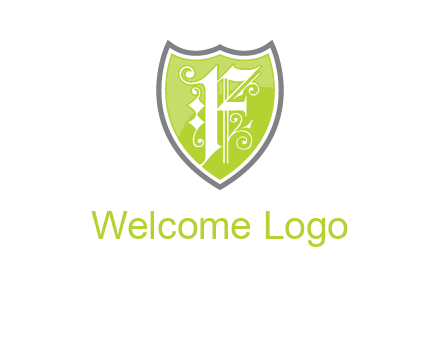 calligraphic letter f inside the shield logo