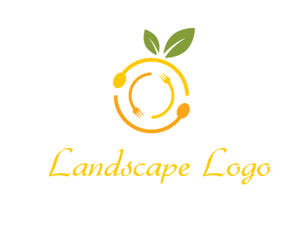 forks and spoons round in orange shape with leaves food logo
