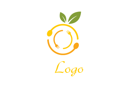 forks and spoons round in orange shape with leaves food logo