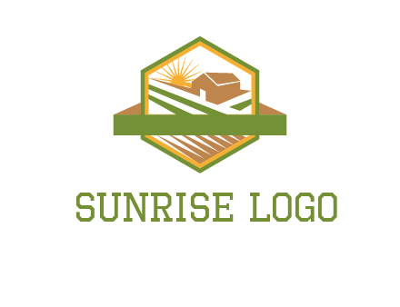 ribbon around sun and barn house with fields in hexagon farm logo