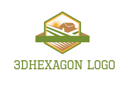 ribbon around sun and barn house with fields in hexagon farm logo