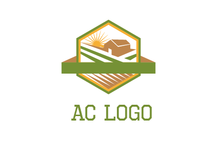 ribbon around sun and barn house with fields in hexagon farm logo