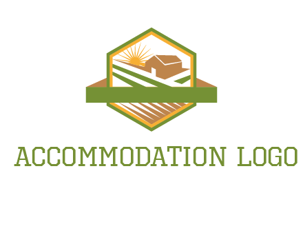 ribbon around sun and barn house with fields in hexagon farm logo