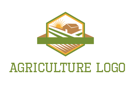 ribbon around sun and barn house with fields in hexagon farm logo