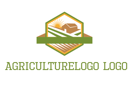 ribbon around sun and barn house with fields in hexagon farm logo