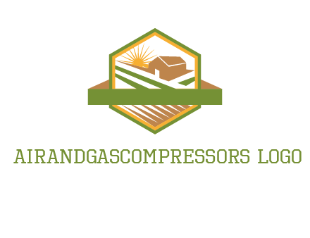 ribbon around sun and barn house with fields in hexagon farm logo
