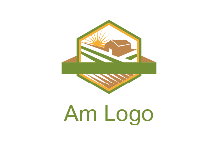 ribbon around sun and barn house with fields in hexagon farm logo