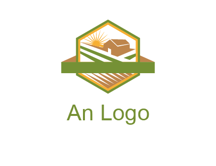 ribbon around sun and barn house with fields in hexagon farm logo