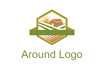 ribbon around sun and barn house with fields in hexagon farm logo