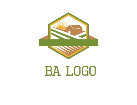 ribbon around sun and barn house with fields in hexagon farm logo