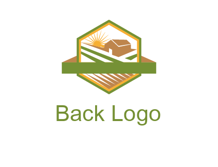 ribbon around sun and barn house with fields in hexagon farm logo