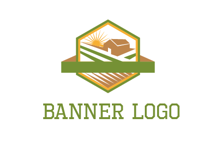 ribbon around sun and barn house with fields in hexagon farm logo
