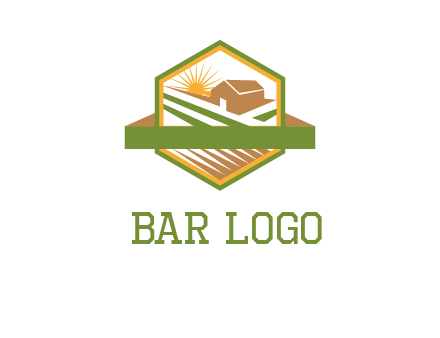 ribbon around sun and barn house with fields in hexagon farm logo