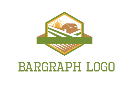 ribbon around sun and barn house with fields in hexagon farm logo