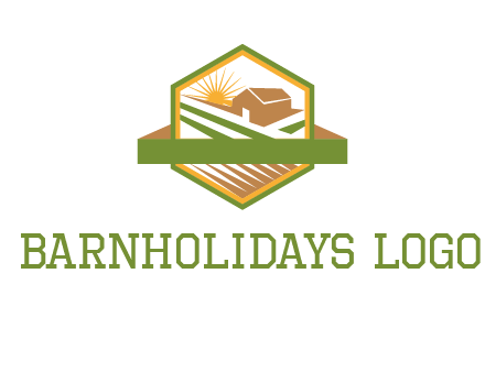 ribbon around sun and barn house with fields in hexagon farm logo