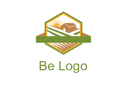 ribbon around sun and barn house with fields in hexagon farm logo