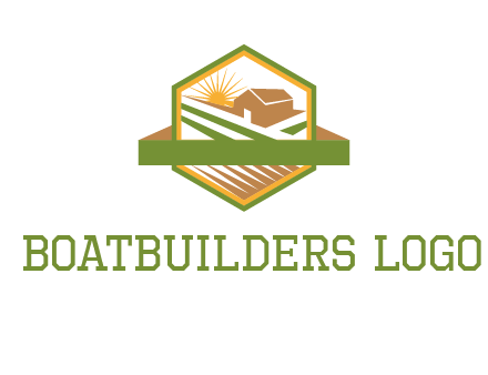 ribbon around sun and barn house with fields in hexagon farm logo