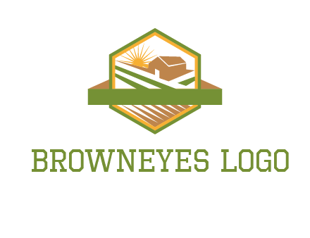 ribbon around sun and barn house with fields in hexagon farm logo