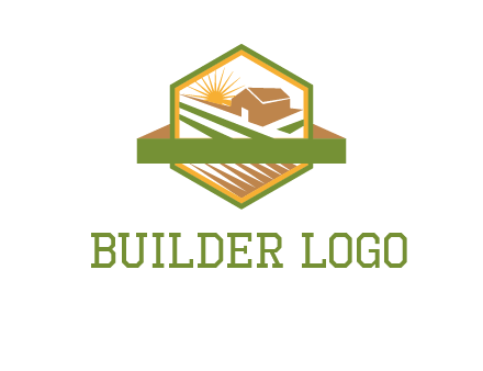ribbon around sun and barn house with fields in hexagon farm logo
