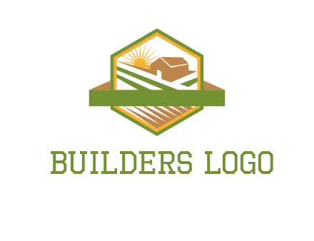 ribbon around sun and barn house with fields in hexagon farm logo