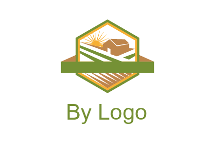 ribbon around sun and barn house with fields in hexagon farm logo