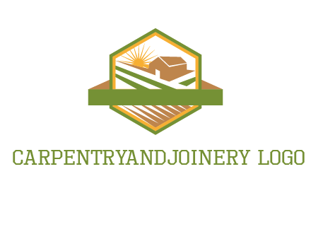 ribbon around sun and barn house with fields in hexagon farm logo