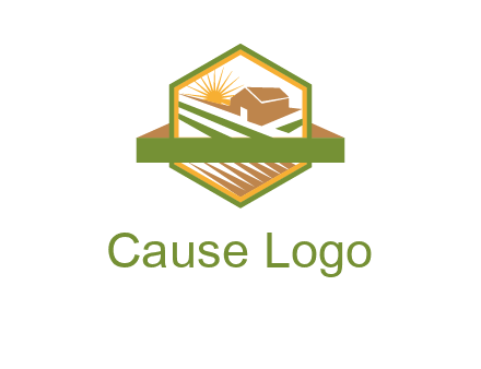 ribbon around sun and barn house with fields in hexagon farm logo