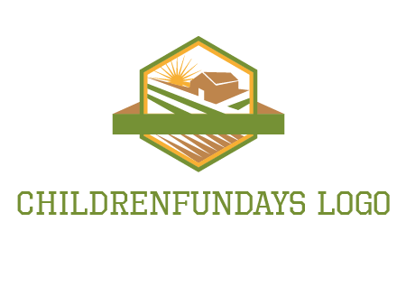 ribbon around sun and barn house with fields in hexagon farm logo