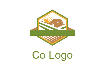 ribbon around sun and barn house with fields in hexagon farm logo