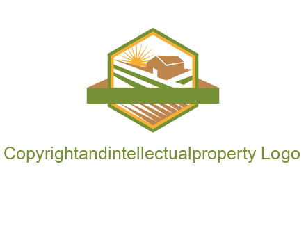 ribbon around sun and barn house with fields in hexagon farm logo